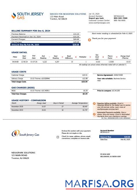 Printable USA New Jersey gas business utility bill template in Word and PDF formats
